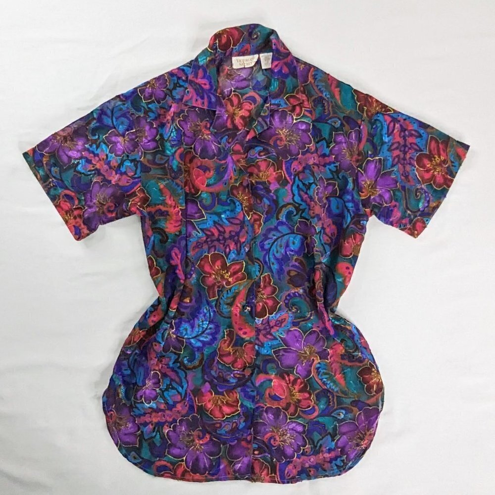 VTG Victoria's Secret Gold Label Purple Multicolor Floral Button Up Sheer Gown